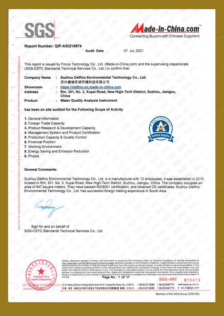 চীন Suzhou Delfino Environmental Technology Co., Ltd. সার্টিফিকেশন